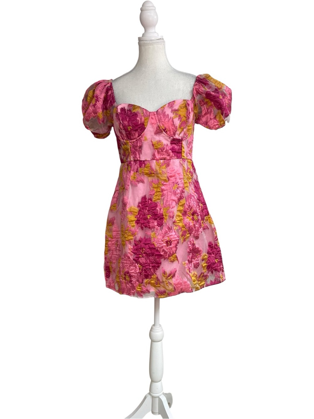 Lulus Luxe Direction Puff Sleeve Jacquard Mini Dress Pink Floral